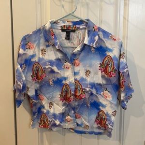 Unique print! Virgin Mary cropped blouse